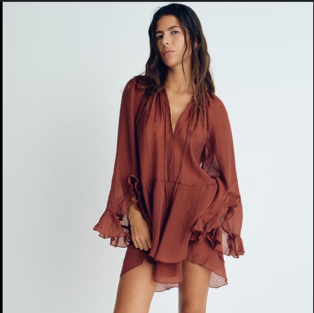 NWT H&M Flounced Ruffle Mini Dress In Rust